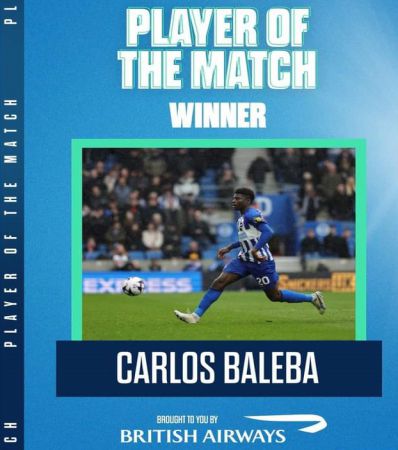 Carlos BALEBA, désigné HOMME DU MATCH par les supporters de Brighton à Nottingham Forest